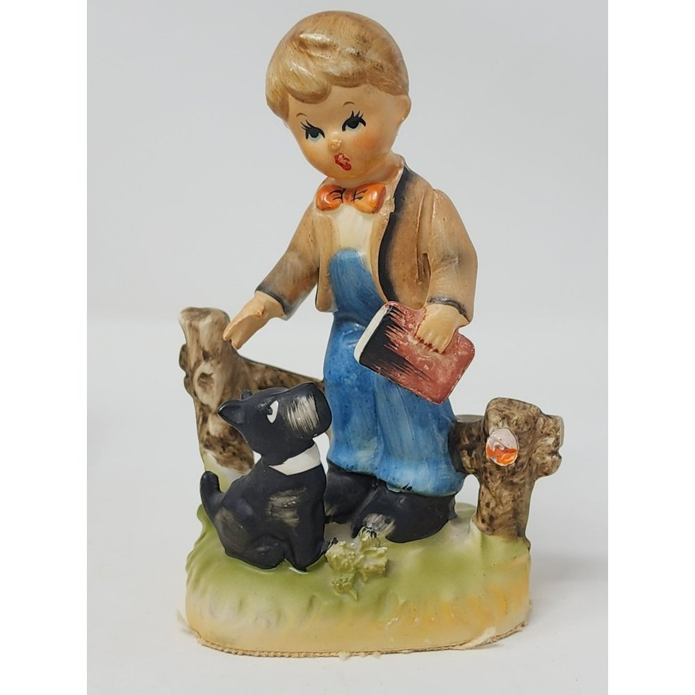 Vintage Hand Painted Made In Japan Porcelain School Boy Scotty Dog Figurine